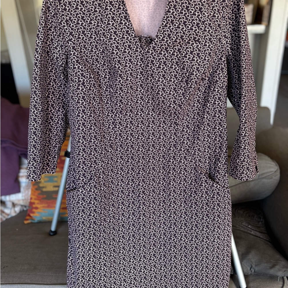 Boden Purple Floral Shift Dress 12L Long V-Neck Pockets Geo Print Career